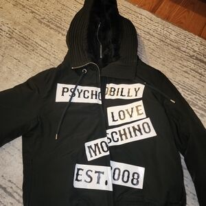 Love Moschino Black Hooded Jacket With Fur Inside